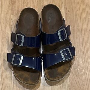 Birkenstock Arizona Big Buckle Navy Blue Patent Leather Sandals Size 41